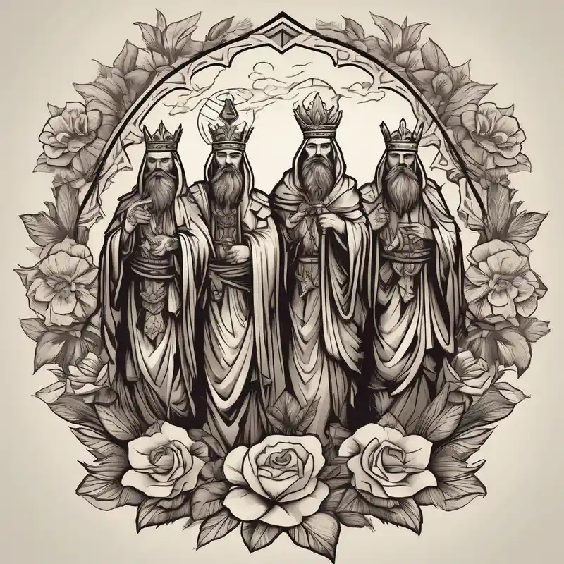 three wise men old school vintage simple traditional design with vintage flowers surrounding it bold color simple