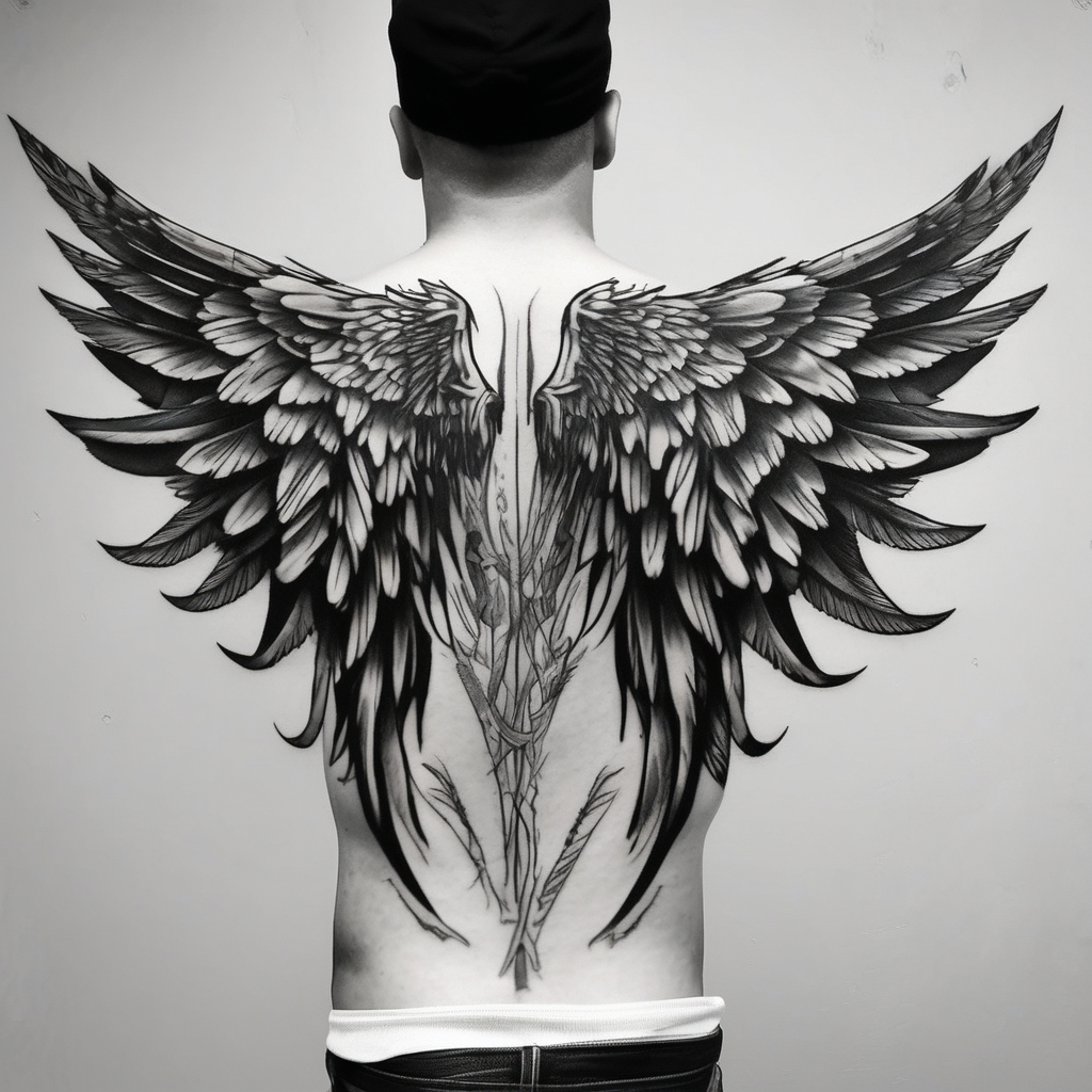 wings tattoo in leg for men like flying mens-behind-the-ear, design de tatouage Noir et blanc généré par IA