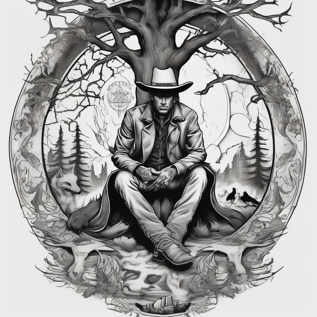 ghostly cowboy sitting in front of a fire with the tree of life behind him and a wolf and a raven mens-behind-the-ear, AI-generated Surreal tattoo design