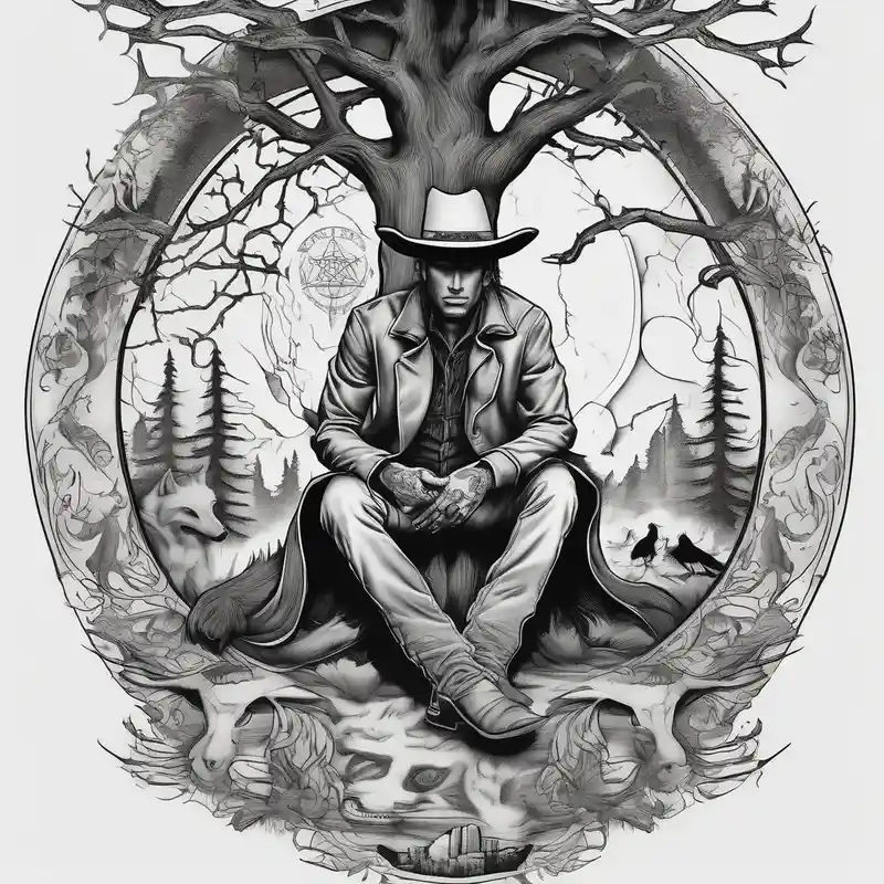 ghostly cowboy sitting in front of a fire with the tree of life behind him and a wolf and a raven – Surreal, Vibrant color