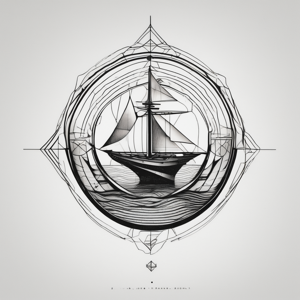 Armand forearm tattoo for men that has a reference to Portugal's history (reference to descovering through waters and shippering) with minimalistic lines mens-behind-the-ear(AIが生成したジオメトリックスタイルのタトゥーデザイン)