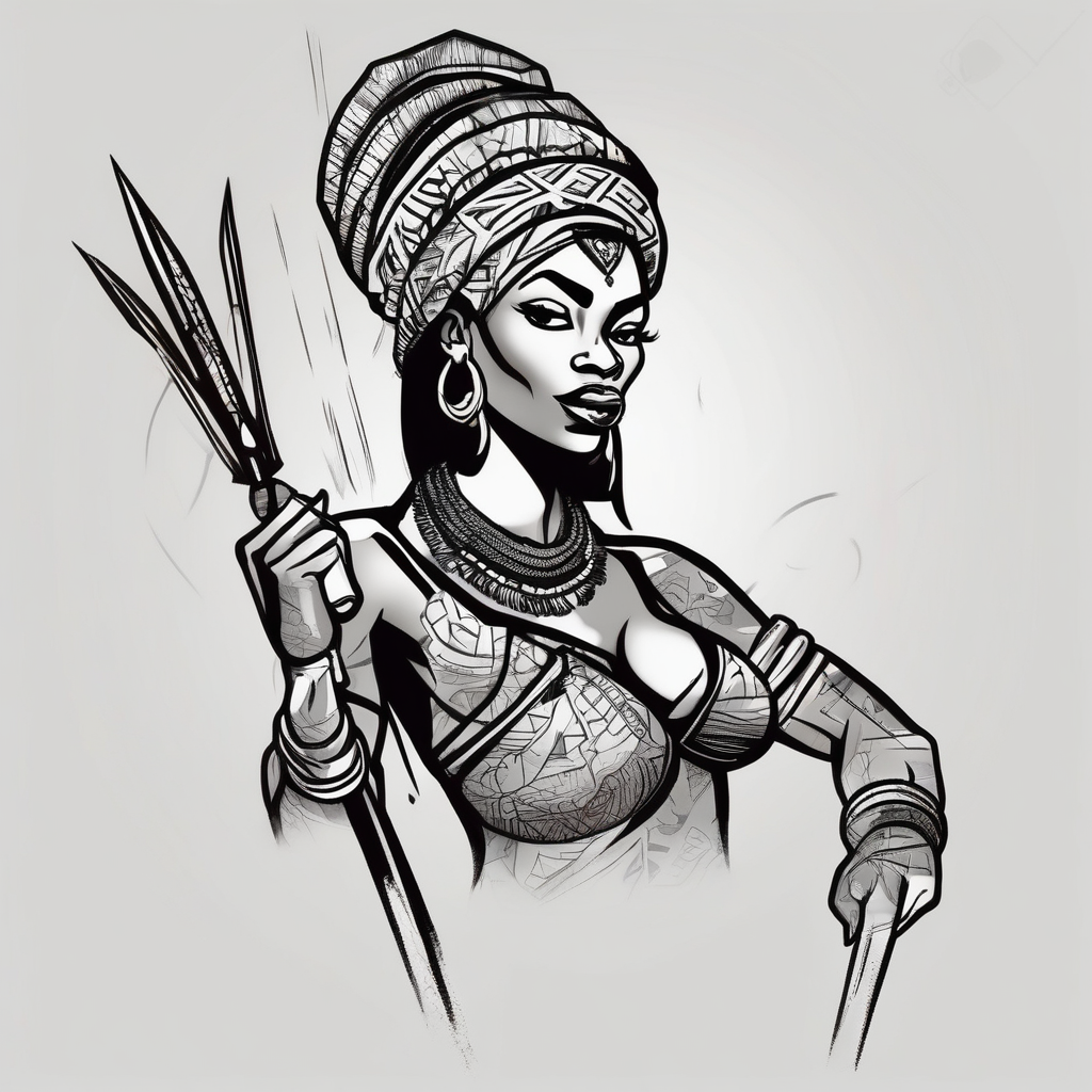 African woman warrior holding spear with ear rings and trees and brids and elephants in the background mens-behind-the-ear, design de tatouage Cartoon généré par IA