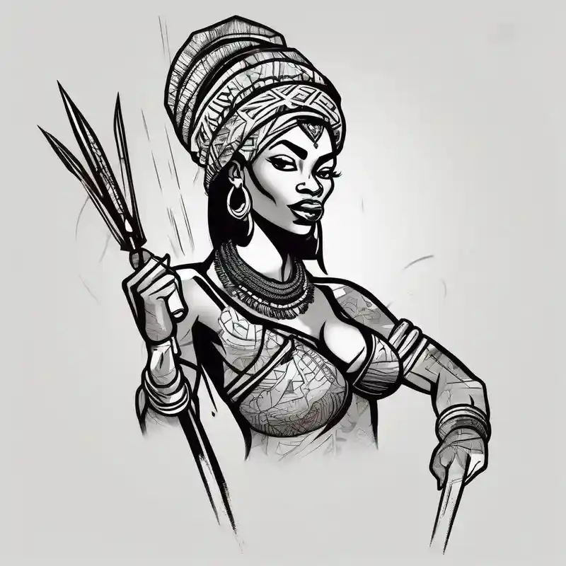 African woman warrior holding spear with ear rings and trees and brids and elephants in the background – Cartoon, Couleurs vives