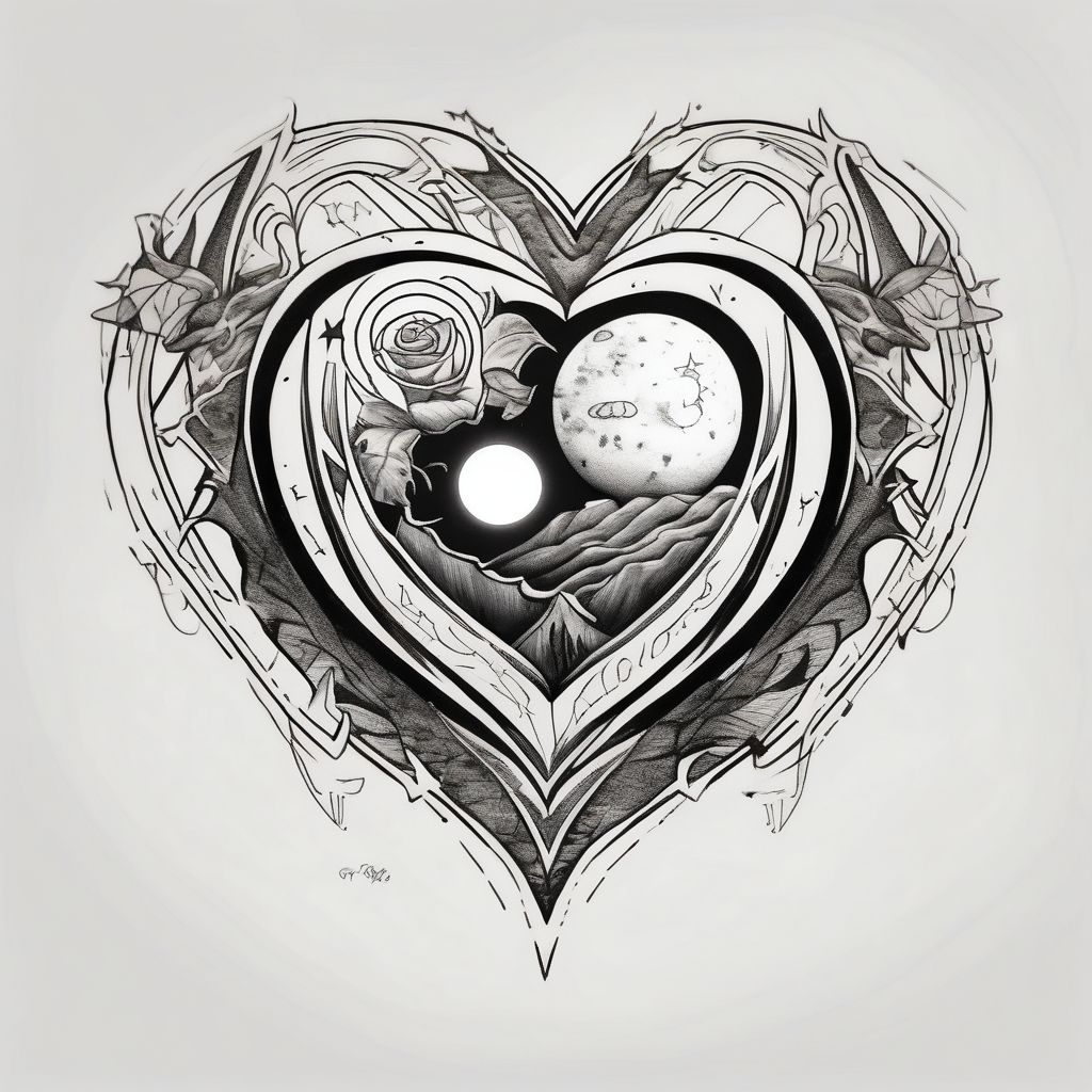 In the middle, there's a heart and behind it, a scar. On the right side of the heart, a sun, while on the left side, a moon. mens-behind-the-ear, diseño de tatuaje Boceto generado con IA