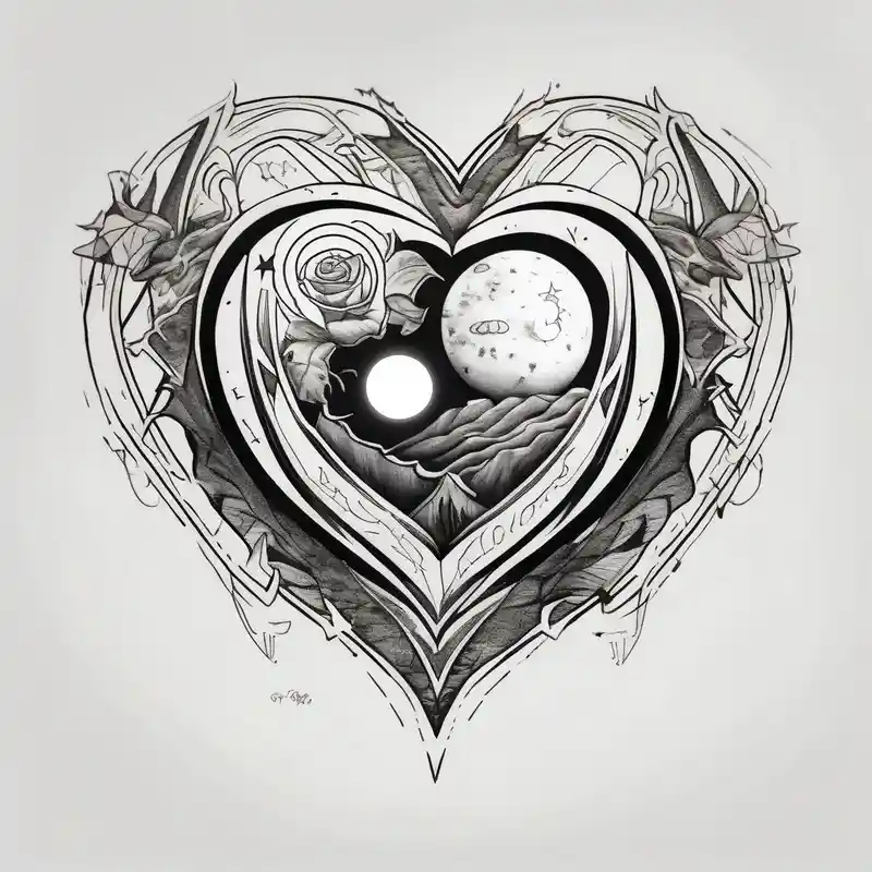 In the middle, there's a heart and behind it, a scar. On the right side of the heart, a sun, while on the left side, a moon. – Boceto, Blanco y negro