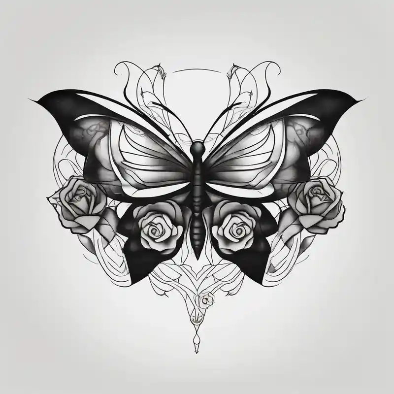 a simple, black minimalist female chest tattoo with a butterfly in the centre and roses elegantly behind it floating