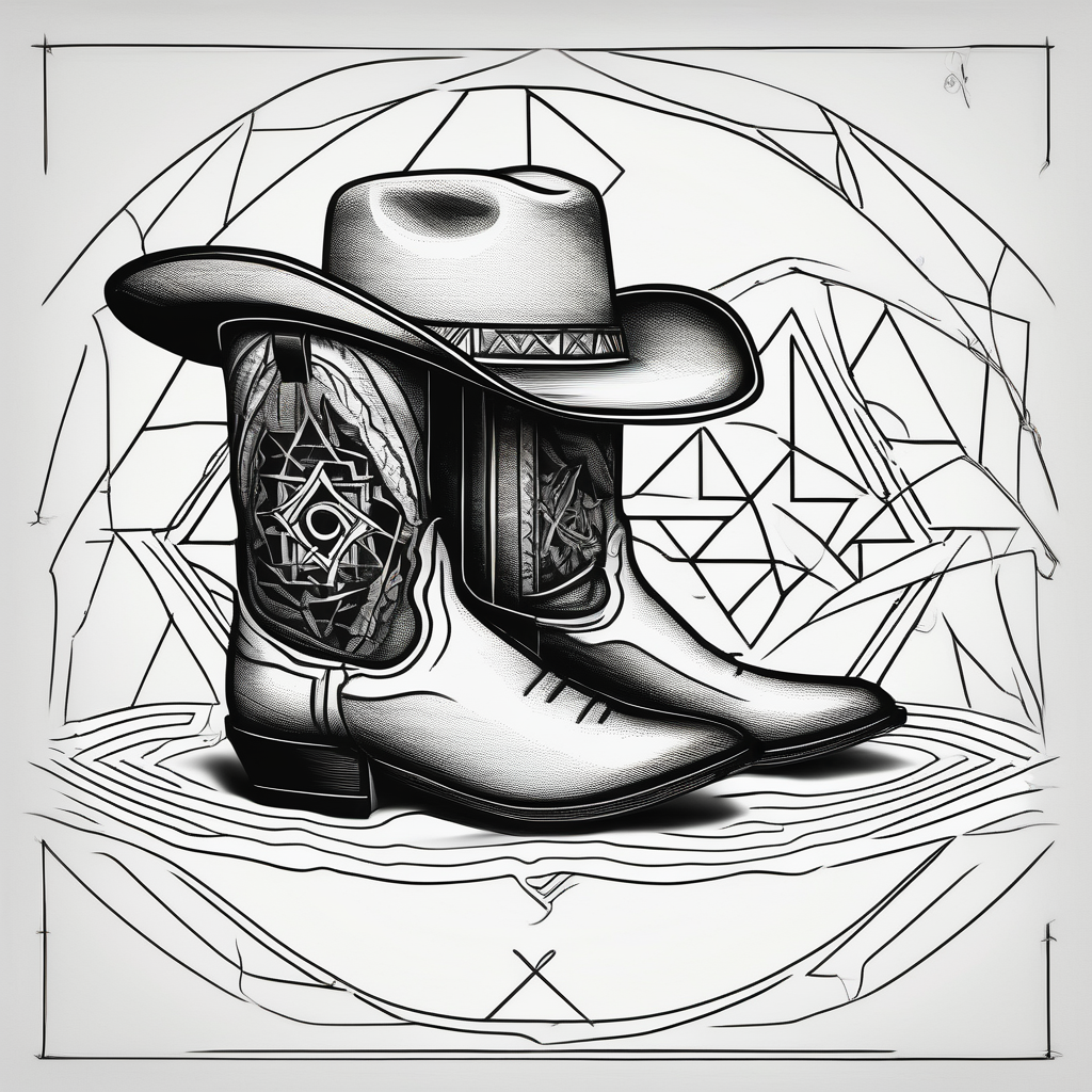 Keep it simple. A pair of mens boots next to a pair of flip flops and a cowboyhat on the Beach. mens-behind-the-ear(AIが生成したジオメトリックスタイルのタトゥーデザイン)