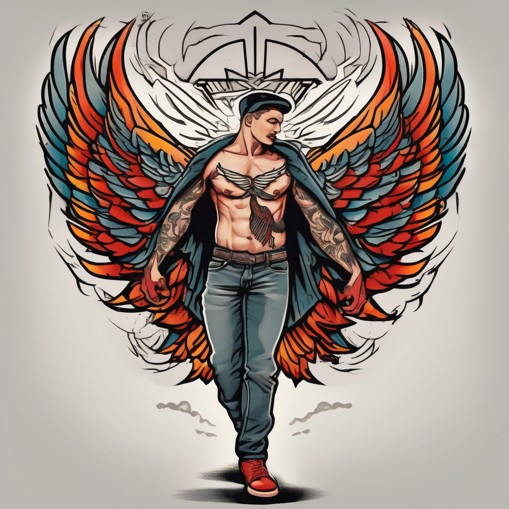wings tattoo in leg for men like flying mens-behind-the-ear, design de tatouage Old school généré par IA