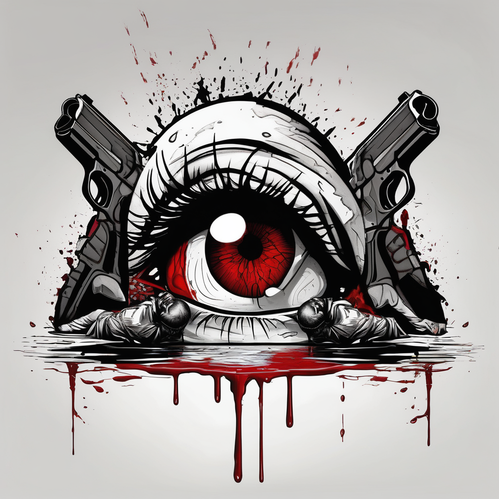 In the reflection of a eye crying blood two black siloets of people holding guns one man dead on the ground with a wounded woman standing behind him mens-behind-the-ear(AIが生成したリアリズムスタイルのタトゥーデザイン)