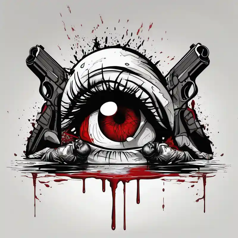 In the reflection of a eye crying blood two black siloets of people holding guns one man dead on the ground with a wounded – リアリスティック, カラフル