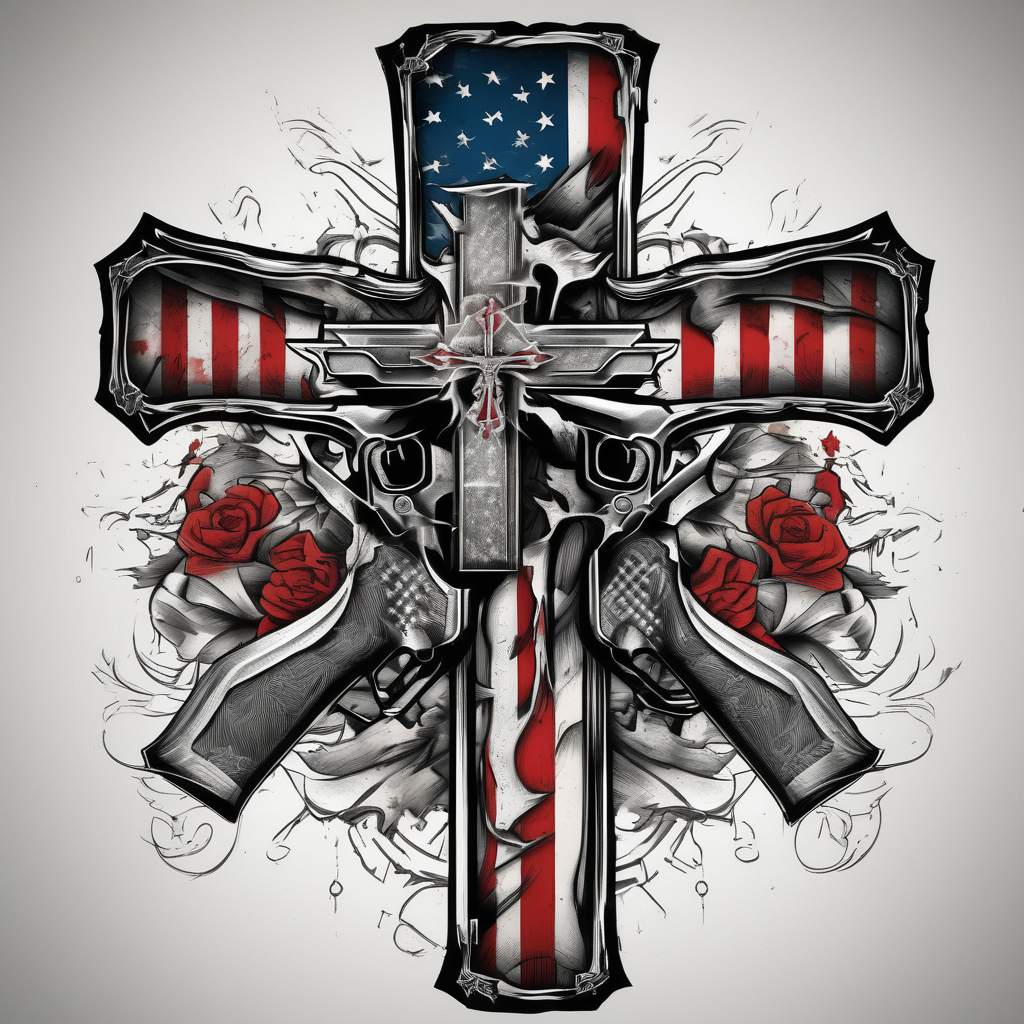 Distressed American flag behind a cross with 2 guns leaned on it simpler mens-behind-the-ear, AI-generated Japanese tattoo design