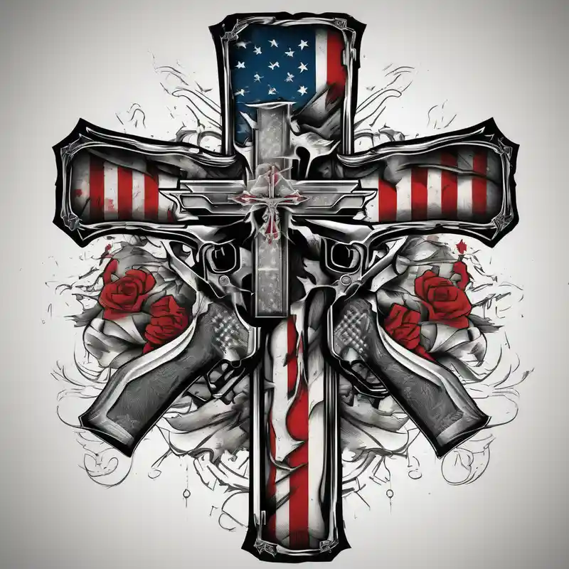 Distressed American flag behind a cross with 2 guns leaned on it simpler – Japanese, Vibrant color