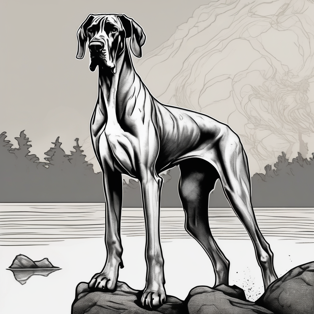 Arm sleeve for man with Great Dane (Full Tuxedo Color and floppy ears) standing proudly chest up on a rock in front of a body of water mens-behind-the-ear(AIが生成したスケッチスタイルのタトゥーデザイン)