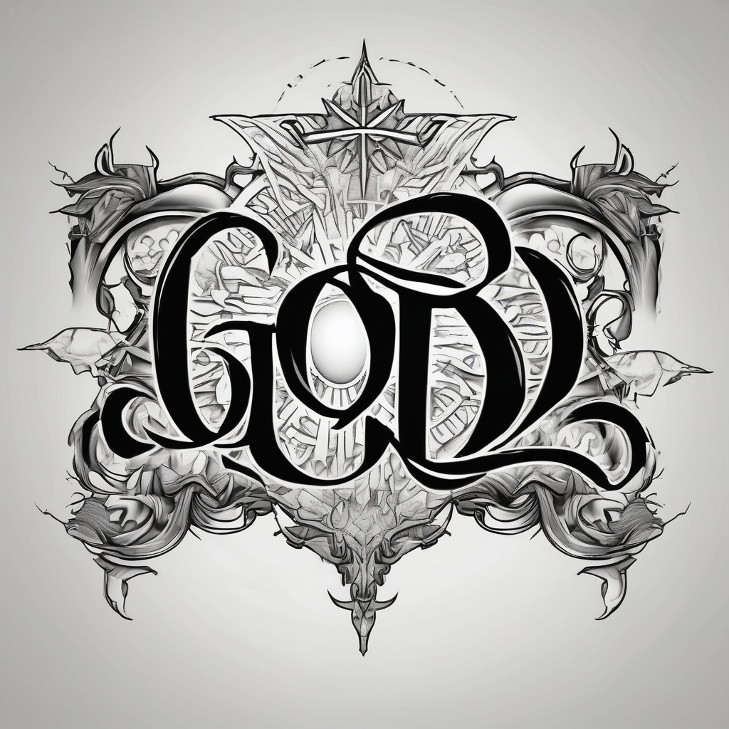 The word God in a biblical text with cloud shading behind it mens-behind-the-ear, design de tatouage Noir et blanc généré par IA