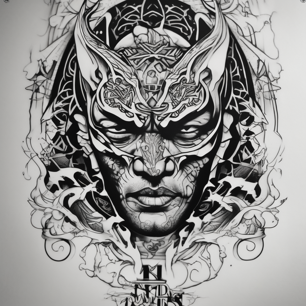 scarface sleeve tattoo for men The world is yours and demons around it mens-behind-the-ear, diseño de tatuaje Blackwork generado con IA