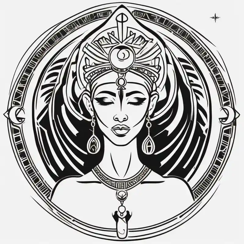 African Goddess wearing the eye of Horus in the center of her forehead and the ankh symbol necklace in gold with the sun on