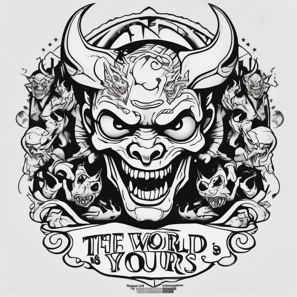 scarface sleeve tattoo for men The world is yours and demons around it mens-behind-the-ear, diseño de tatuaje Cartoon generado con IA