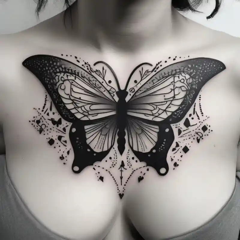 a simple, black minimalist chest tattoo with a butterfly in the centre and flowers elegantly behind it floating elegantly in – Dotwork, Noir et blanc