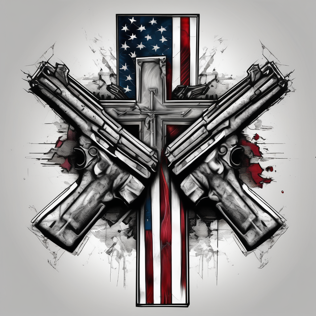 Distressed American flag behind a cross with 2 guns leaned on it simple mens-behind-the-ear, AI-generated Realistic tattoo design