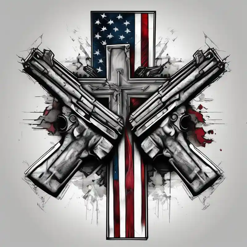 Distressed American flag behind a cross with 2 guns leaned on it simple