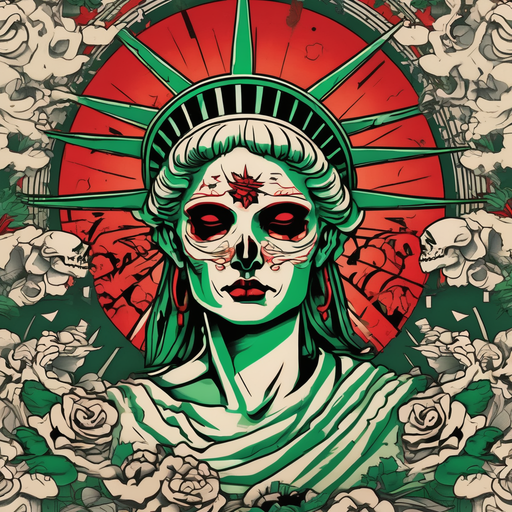 the statue of liberty with a skull for a face, and green dollar signs for eyes, with a red sun behind it with birds flying towards it mens-behind-the-ear(AIが生成した和彫りスタイルのタトゥーデザイン)