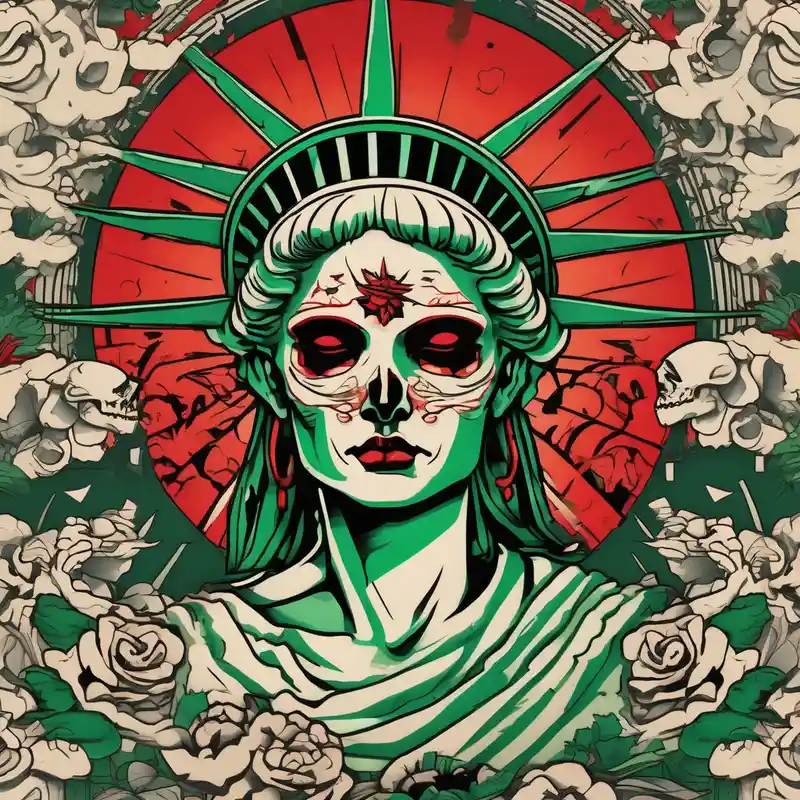 the statue of liberty with a skull for a face, and green dollar signs for eyes, with a red sun behind it with birds flying – 和彫り, カラフル