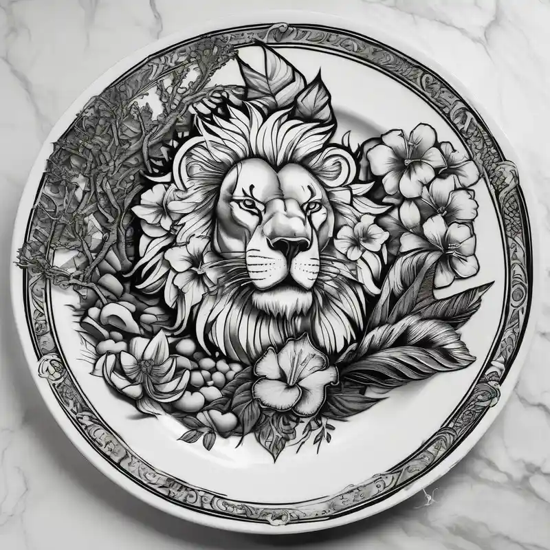 Tree, Sun, Arabian Jasmine, Lion, Books, Peacock feather, a Plate with rice, yellow lentils and potato fries, Hibiscus