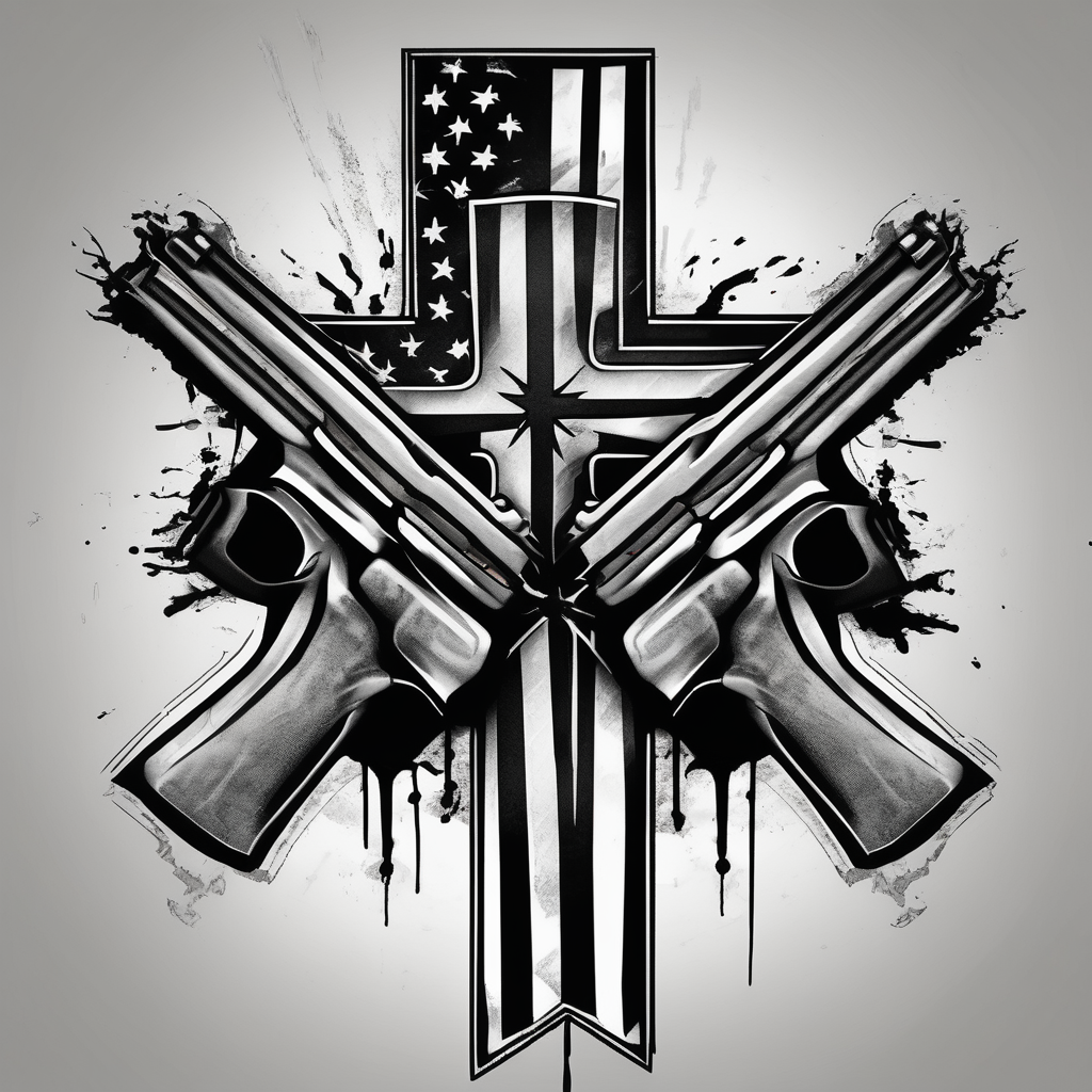 Distressed American flag behind a cross with 2 guns leaned on it simple mens-behind-the-ear, AI-generated Black and White tattoo design