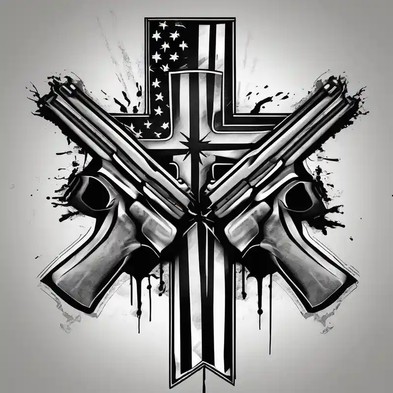 Distressed American flag behind a cross with 2 guns leaned on it simple – Black and White, Vibrant color