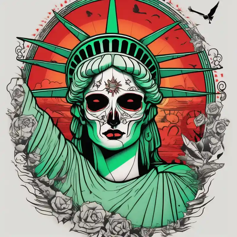 the statue of liberty with a skull for a face, and green dollar signs for eyes, with a red sun behind it with birds flying