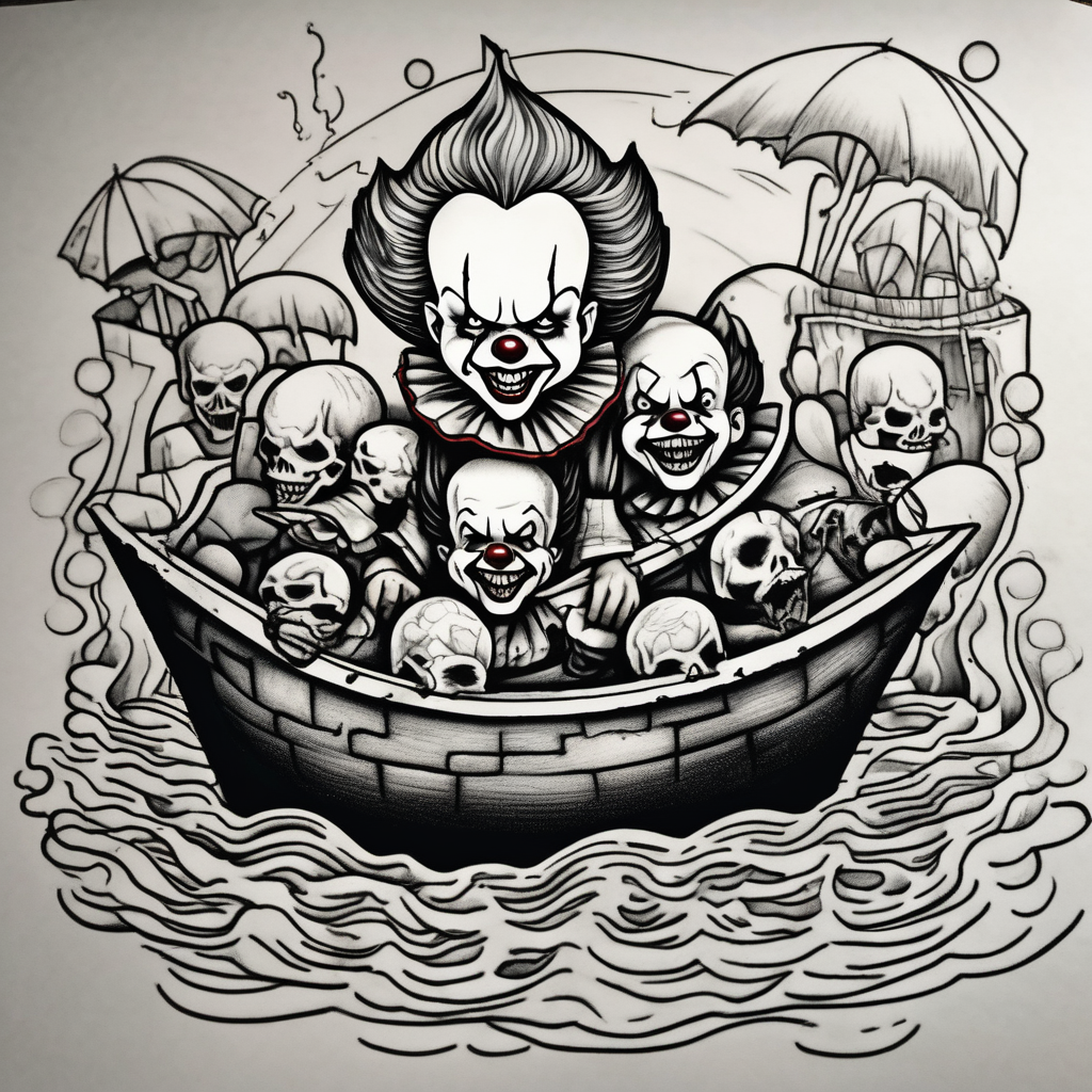 penny wise clown riding on georgies paper boat dragging skulls from other dead people behind him through the sewer system with a balloon covered in spiders mens-behind-the-ear, AI-generated Cartoon tattoo design