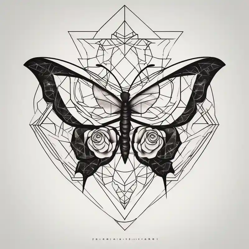 a simple, black minimalist female chest tattoo with a butterfly in the centre and roses elegantly behind it floating – Géométrique, Noir et blanc