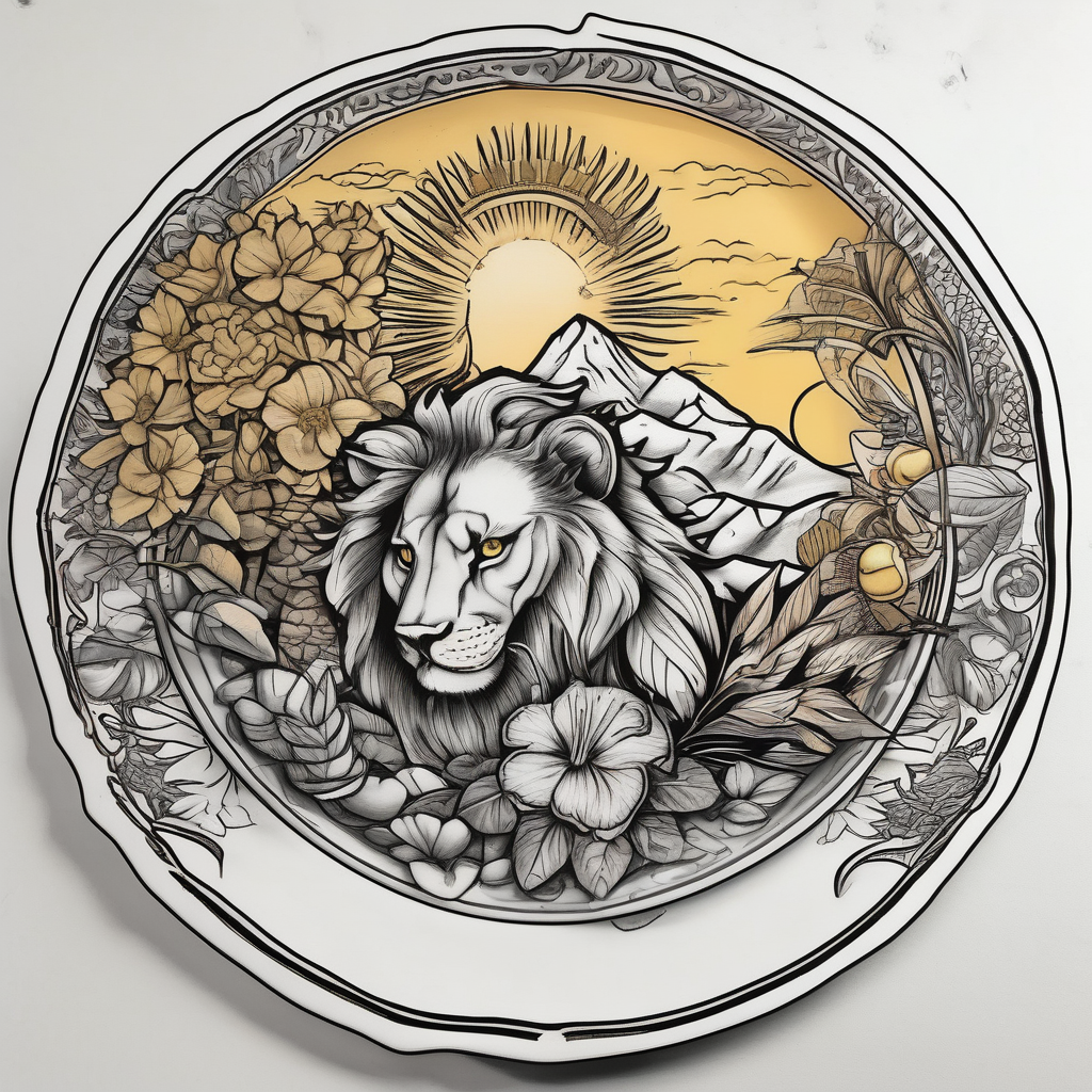 Tree, Sun, Arabian Jasmine, Lion, Books, Peacock feather, a Plate with rice, yellow lentils and potato fries, Hibiscus flower, and Sun coming from behind mountains mens-behind-the-ear, design de tatouage Réaliste généré par IA