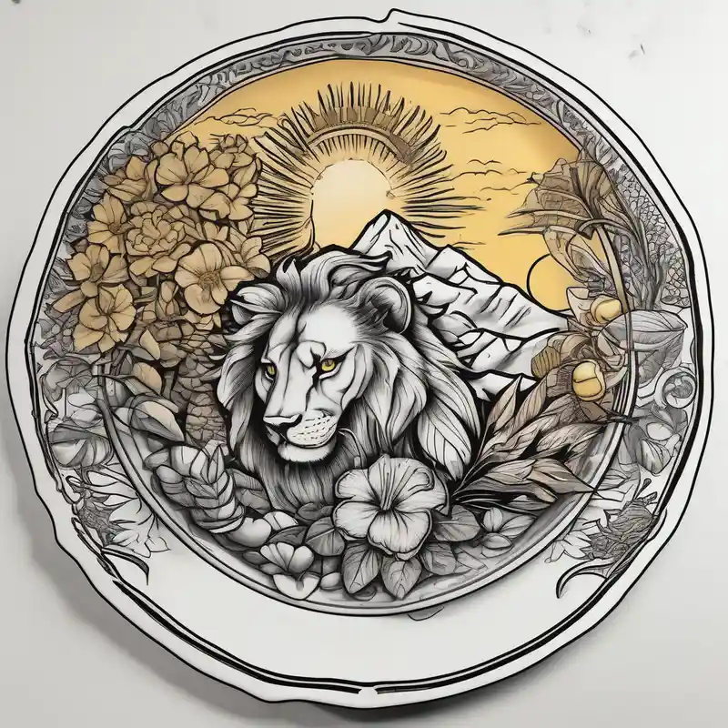 Tree, Sun, Arabian Jasmine, Lion, Books, Peacock feather, a Plate with rice, yellow lentils and potato fries, Hibiscus – Réaliste, Couleurs vives