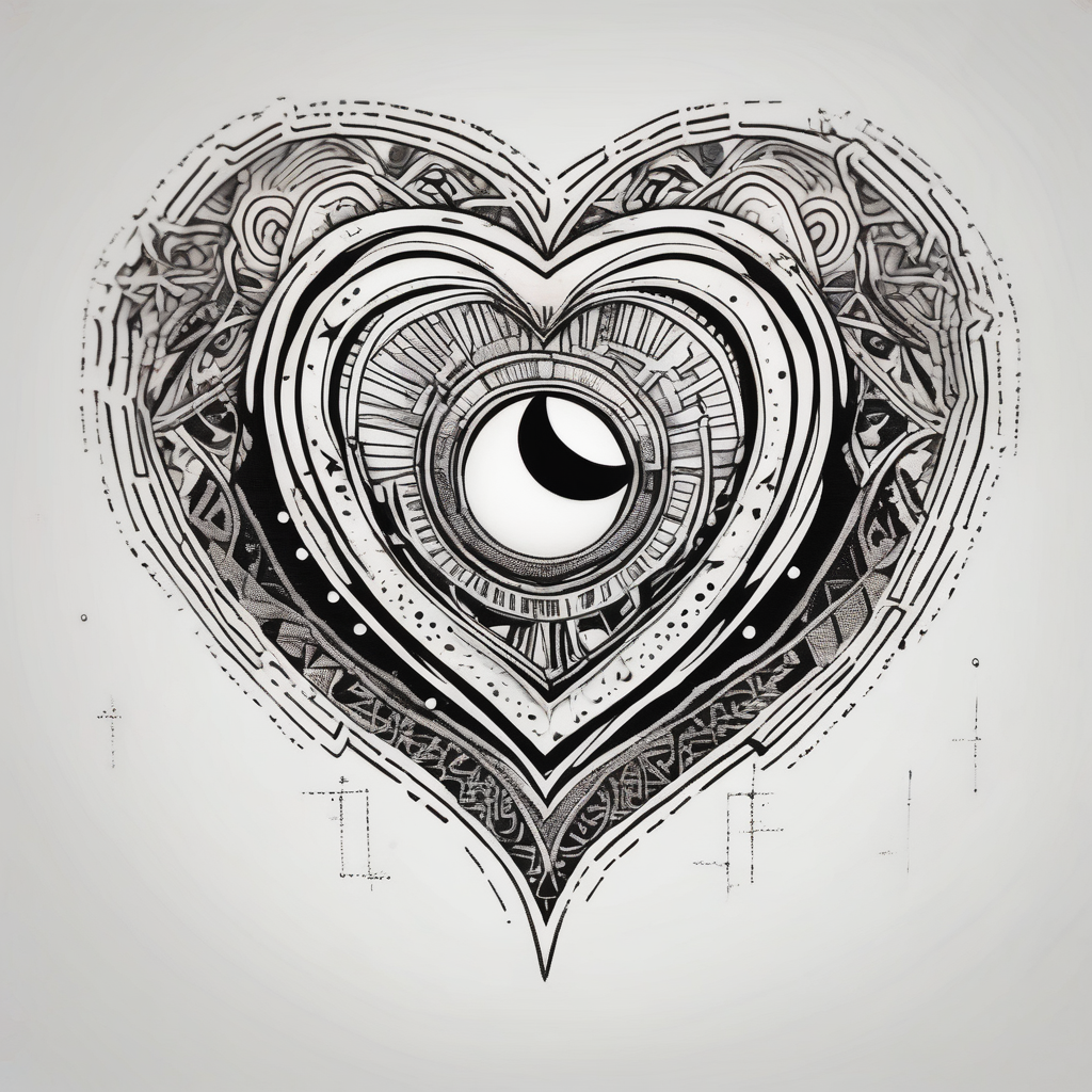 In the middle, there's a heart and behind it, a scar. On the right side of the heart, a sun, while on the left side, a moon. mens-behind-the-ear, diseño de tatuaje Dotwork generado con IA