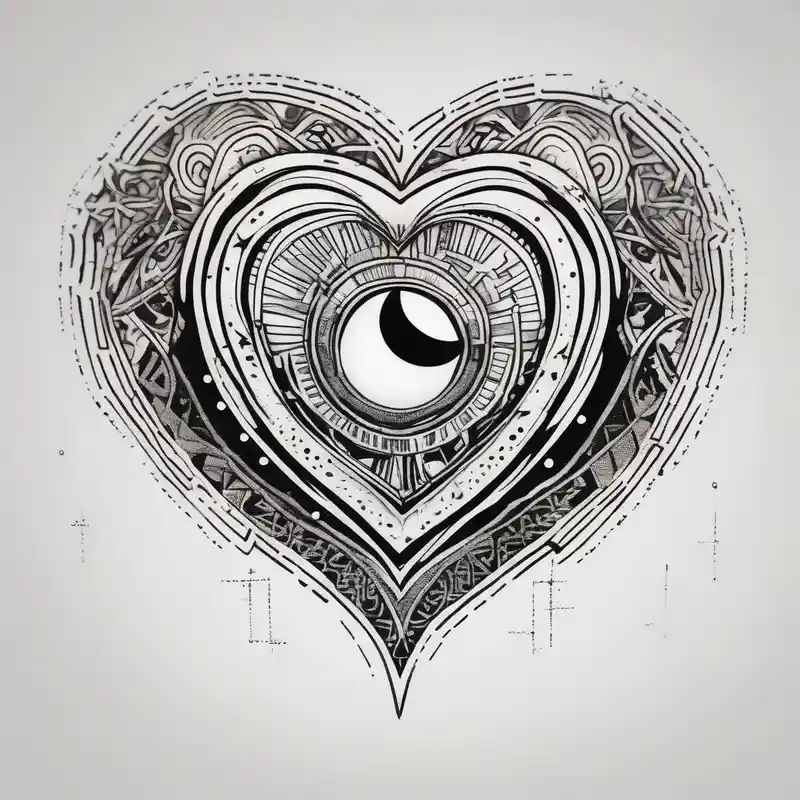 In the middle, there's a heart and behind it, a scar. On the right side of the heart, a sun, while on the left side, a moon.