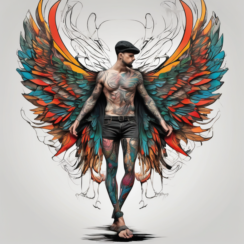 wings tattoo in leg for men mens-behind-the-ear(AIが生成したシュルレアリスムスタイルのタトゥーデザイン)