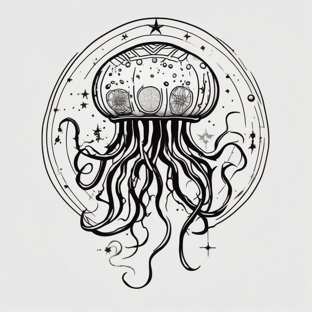 Small jellyfish with Scorpio Star constellation behind it mens-behind-the-ear, AI-generated Old School tattoo design