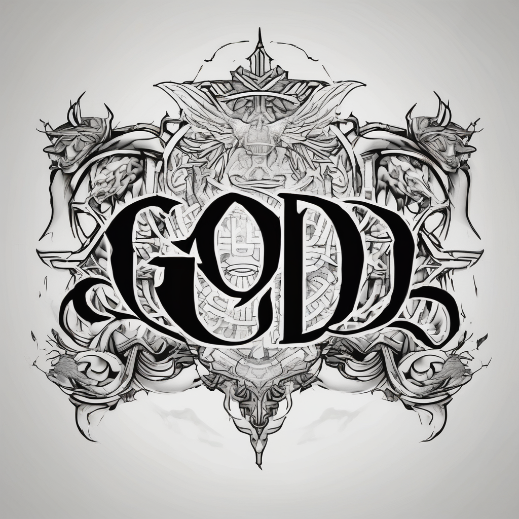 The word God in a biblical text with some cloud shading behind it mens-behind-the-ear, design de tatouage Noir et blanc généré par IA