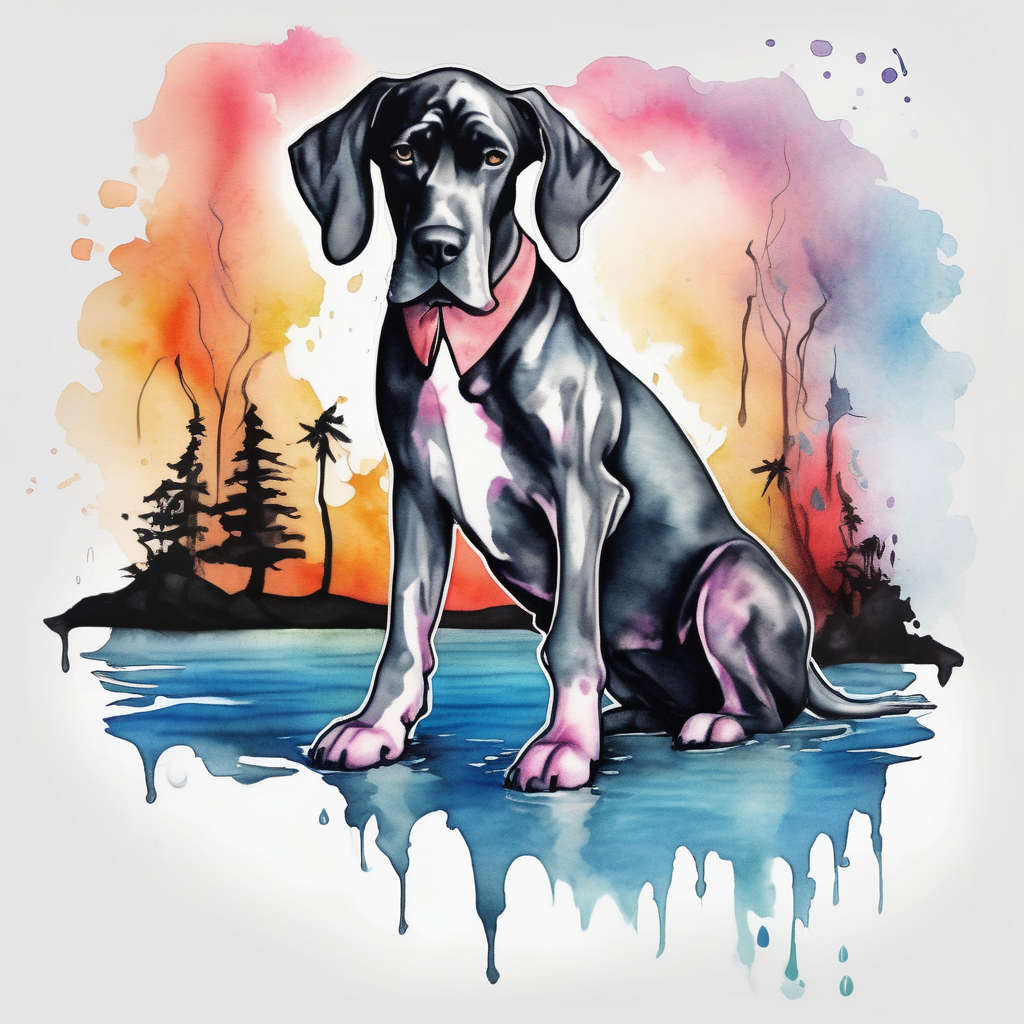 Arm sleeve with Great Dane (Full Tuxedo Color and floppy ears) standing proudly chest up on a rock in front of a body of water mens-behind-the-ear, AI-generated Watercolor tattoo design