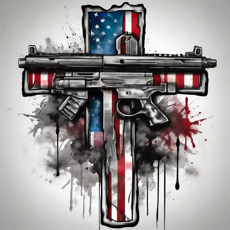 Distressed American flag behind a cross with 2 guns leaned on it simpler