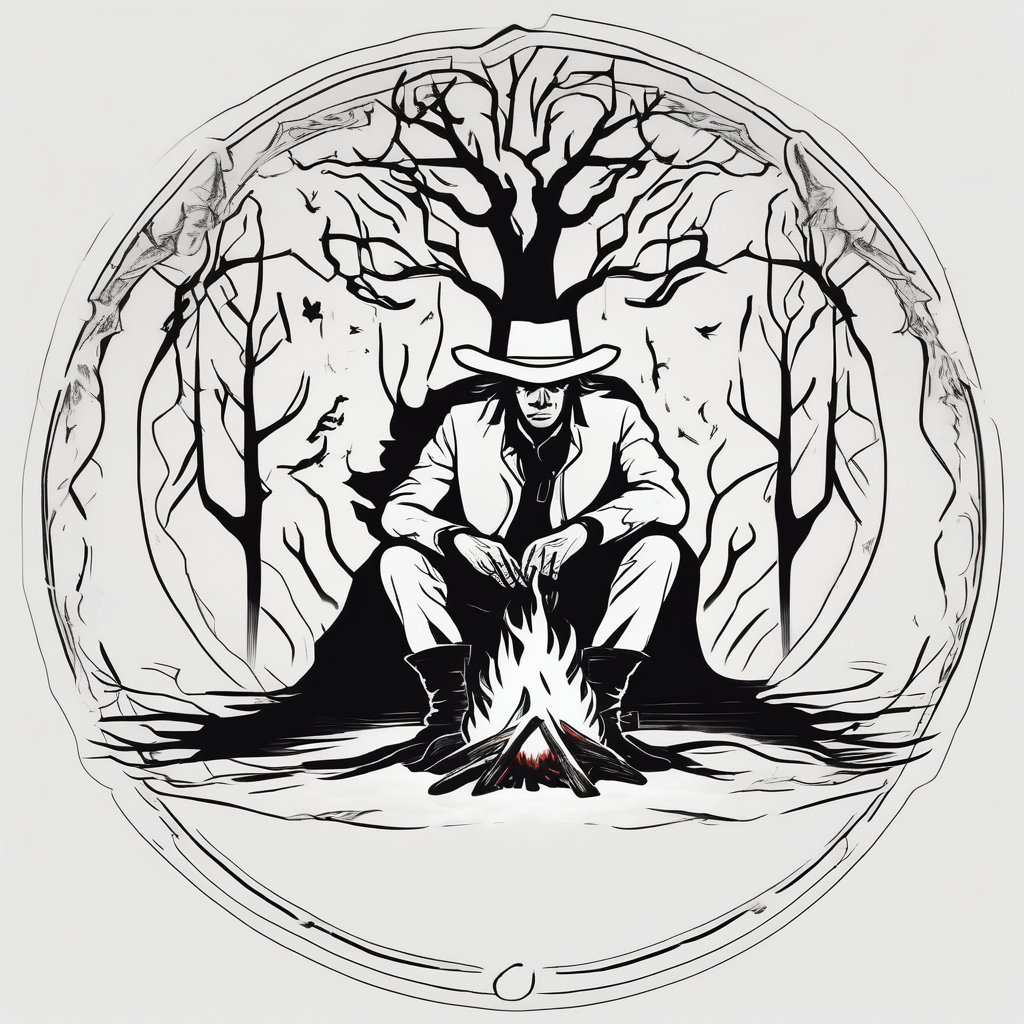 ghostly cowboy sitting in front of a fire with the tree of life behind him and a wolf and a raven mens-behind-the-ear, AI-generated Minimalist tattoo design