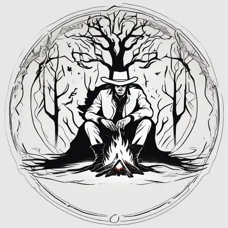 ghostly cowboy sitting in front of a fire with the tree of life behind him and a wolf and a raven