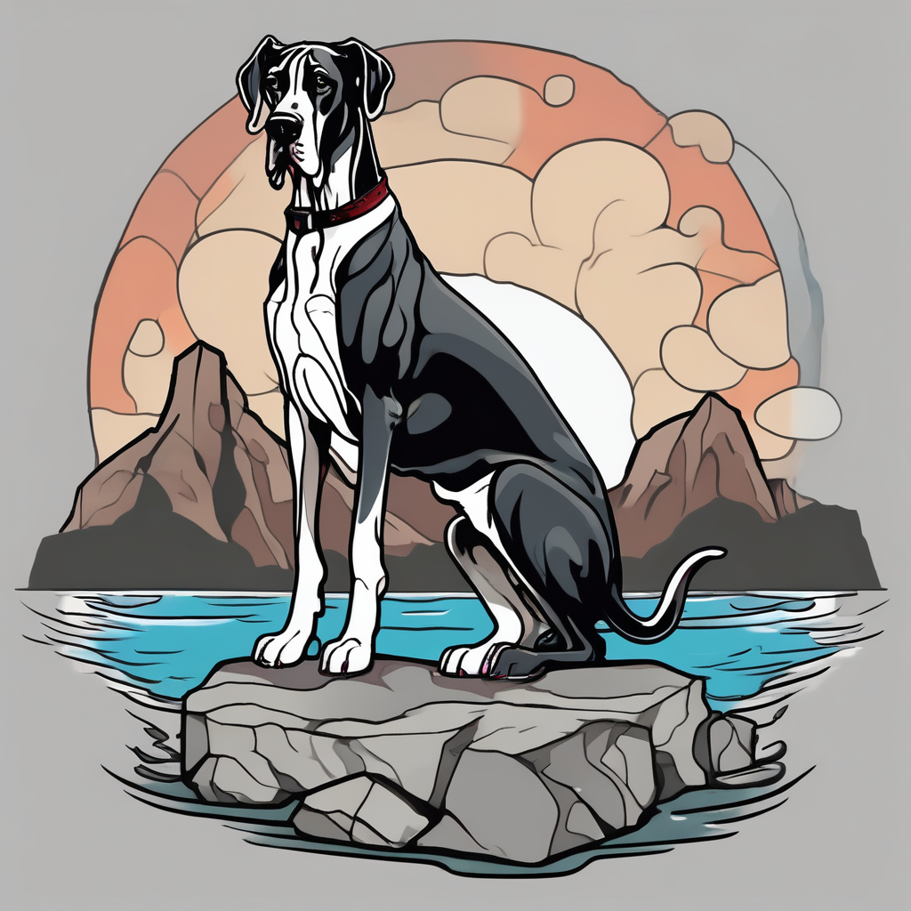 Arm sleeve with Great Dane (Full Tuxedo Color and floppy ears) standing proudly chest up on a rock in front of a body of water mens-behind-the-ear, AI-generated Old School tattoo design