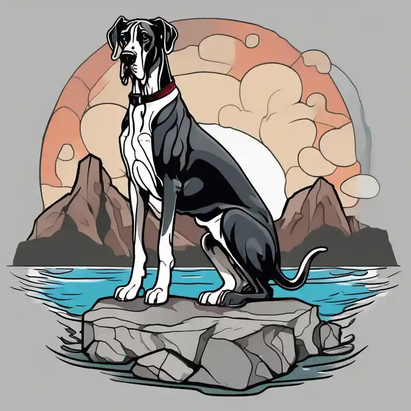 Arm sleeve with Great Dane (Full Tuxedo Color and floppy ears) standing proudly chest up on a rock in front of a body of