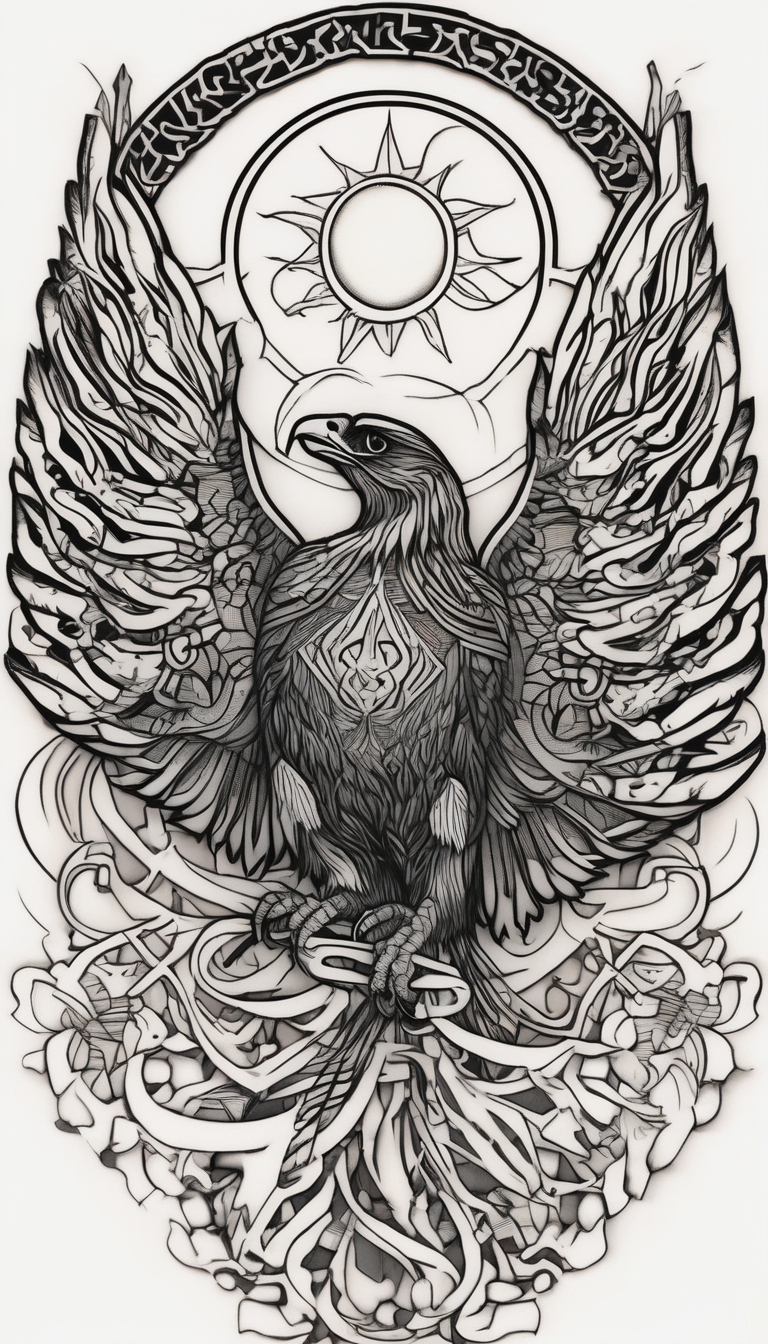 Large sun and moon tattoo that is tall Spiritual meaning behind it flowing into a falcon mens-behind-the-ear, diseño de tatuaje Blackwork generado con IA