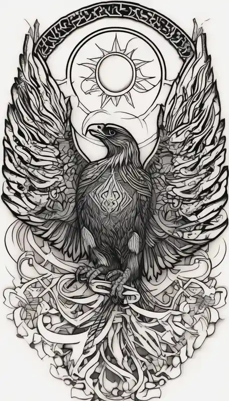 Large sun and moon tattoo that is tall Spiritual meaning behind it flowing into a falcon
