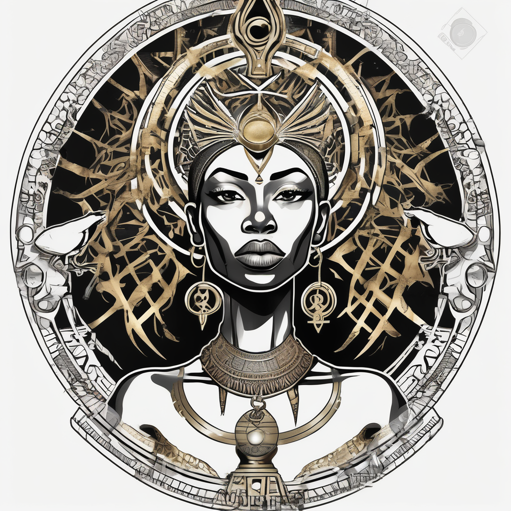 African Goddess wearing the eye of Horus in the center of her forehead and the ankh symbol necklace in gold with the sun on one side behind her and the moon on the opposite side behind her mens-behind-the-ear(AIが生成したシュルレアリスムスタイルのタトゥーデザイン)