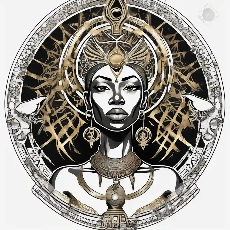 African Goddess wearing the eye of Horus in the center of her forehead and the ankh symbol necklace in gold with the sun on – シュルレアリスム, 白黒