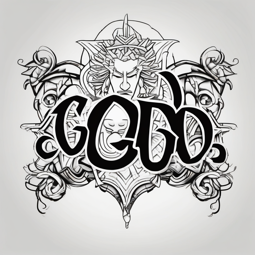 The word God in a biblical text with cloud shading behind it mens-behind-the-ear, design de tatouage Cartoon généré par IA